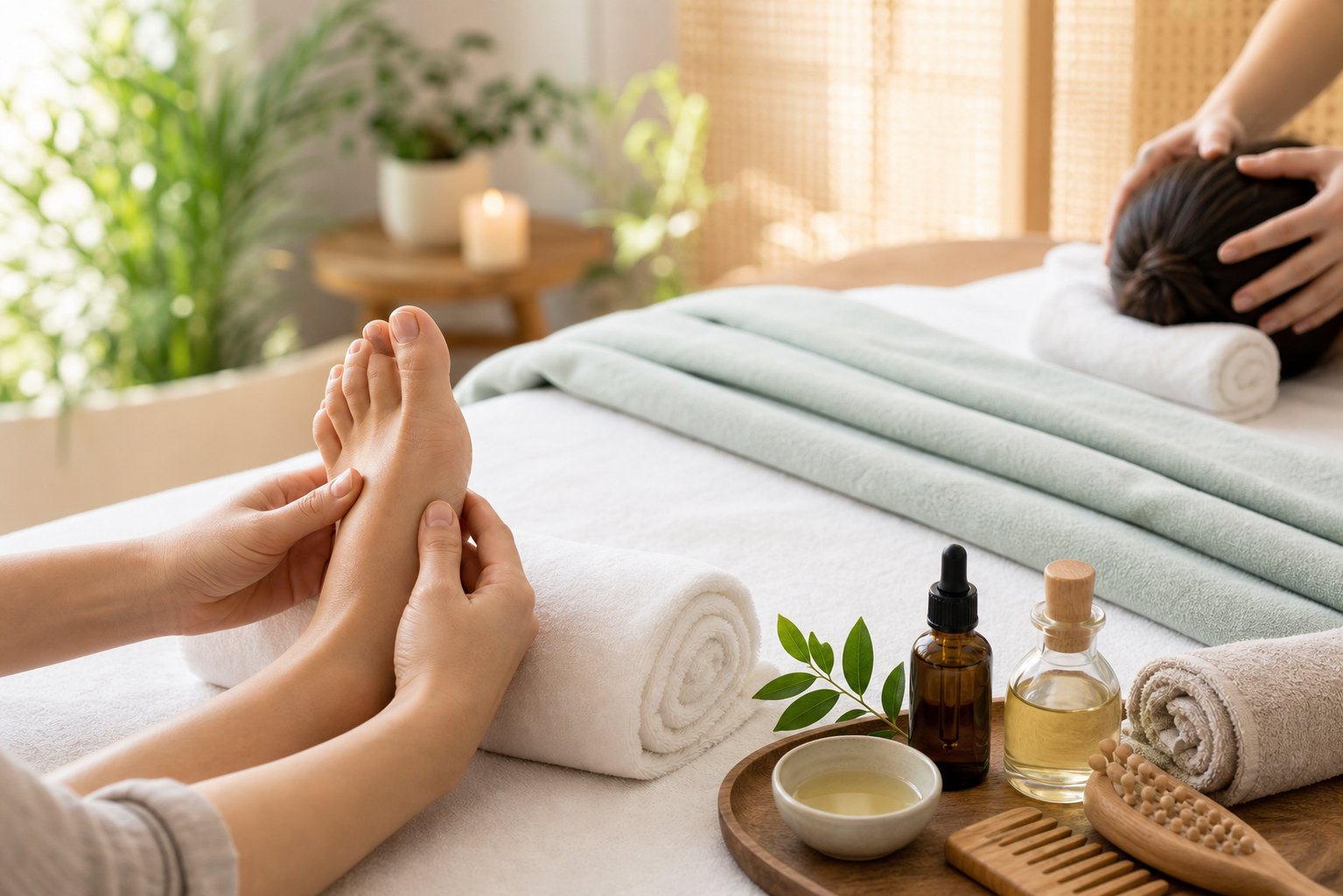 Relaxing foot and head massage service setup