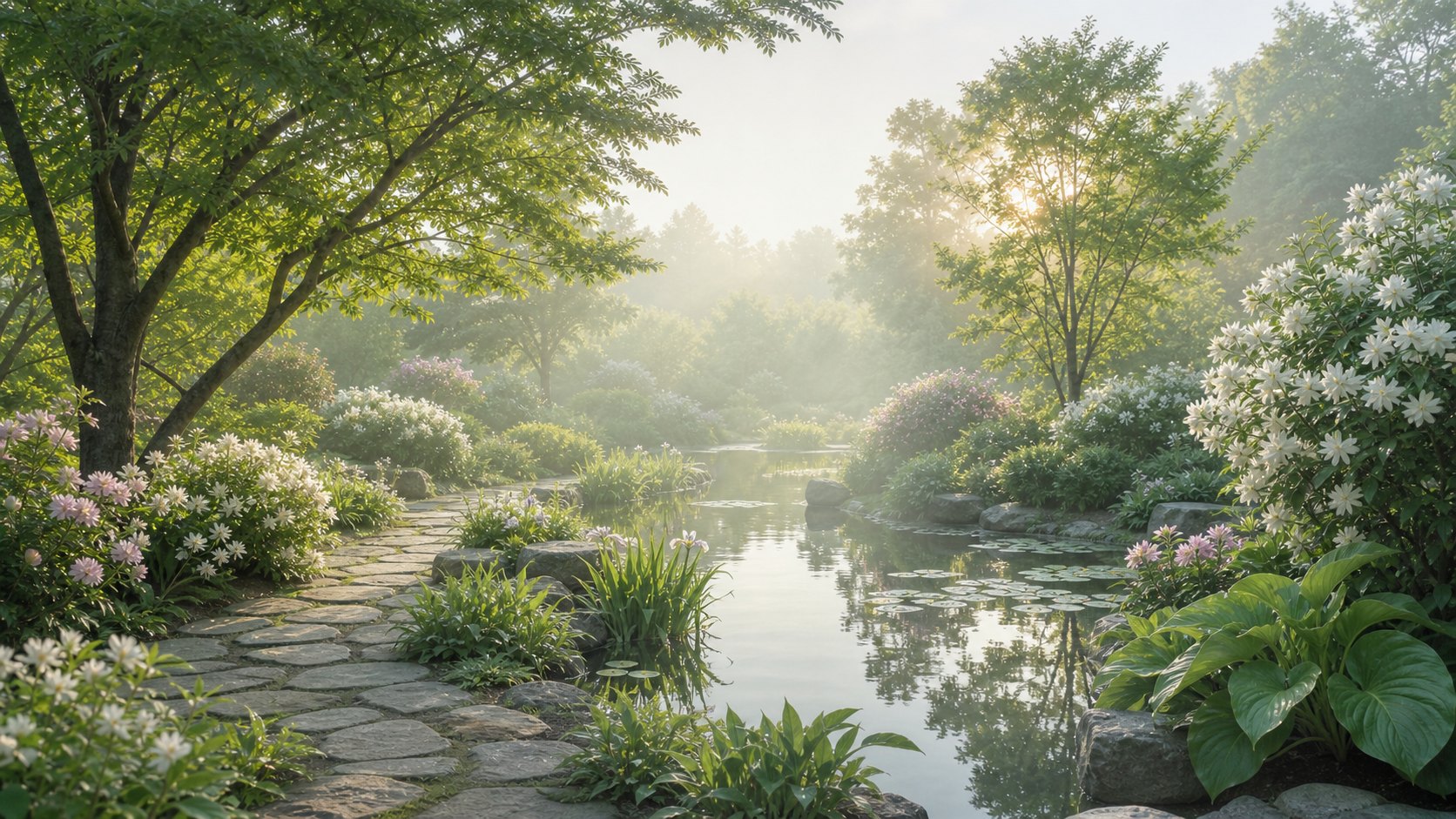 Peaceful garden with flowers and water